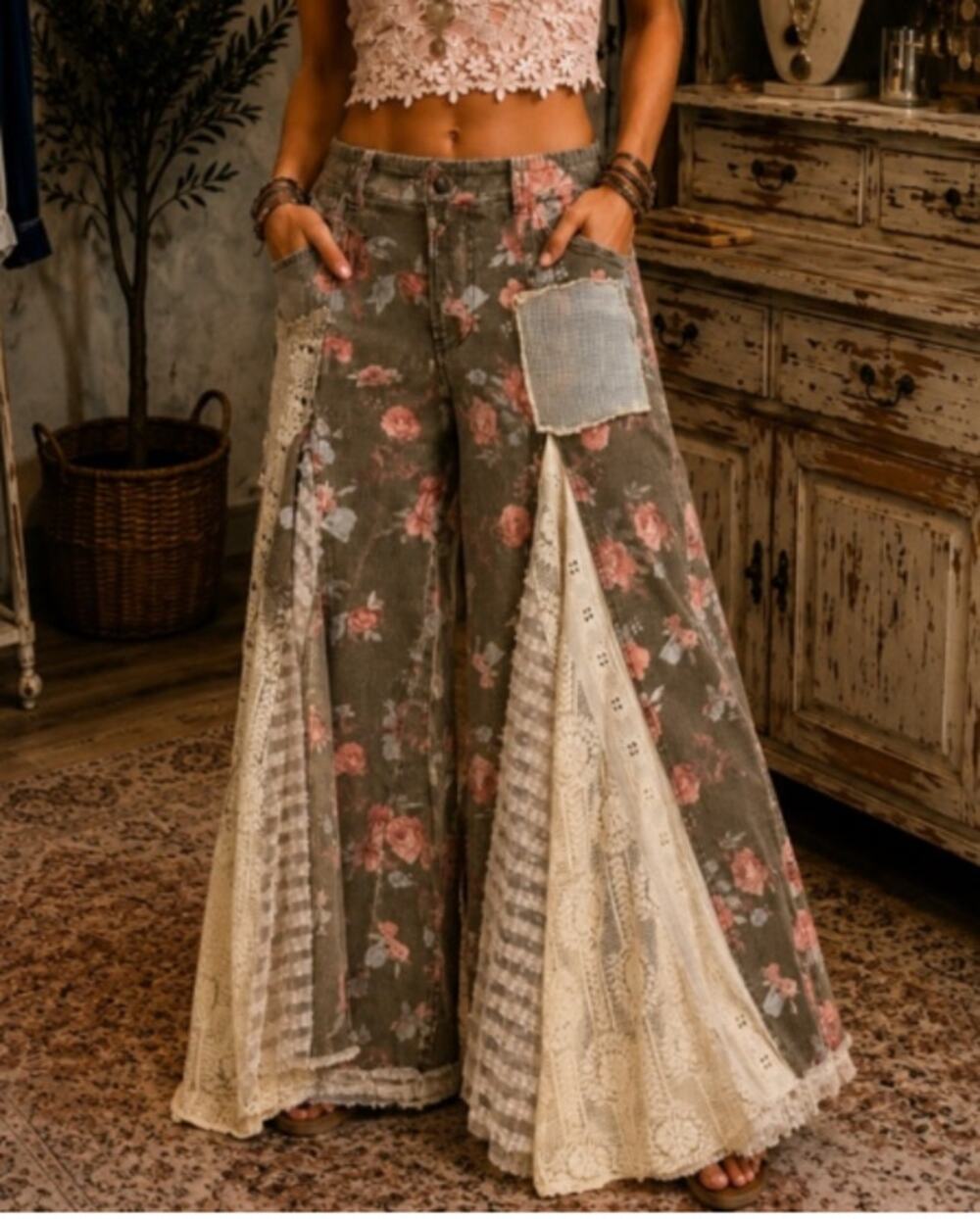 Blue Velvet Brown Floral Lace Insert Wide Leg Pants XL NWT - Garden Romantic
